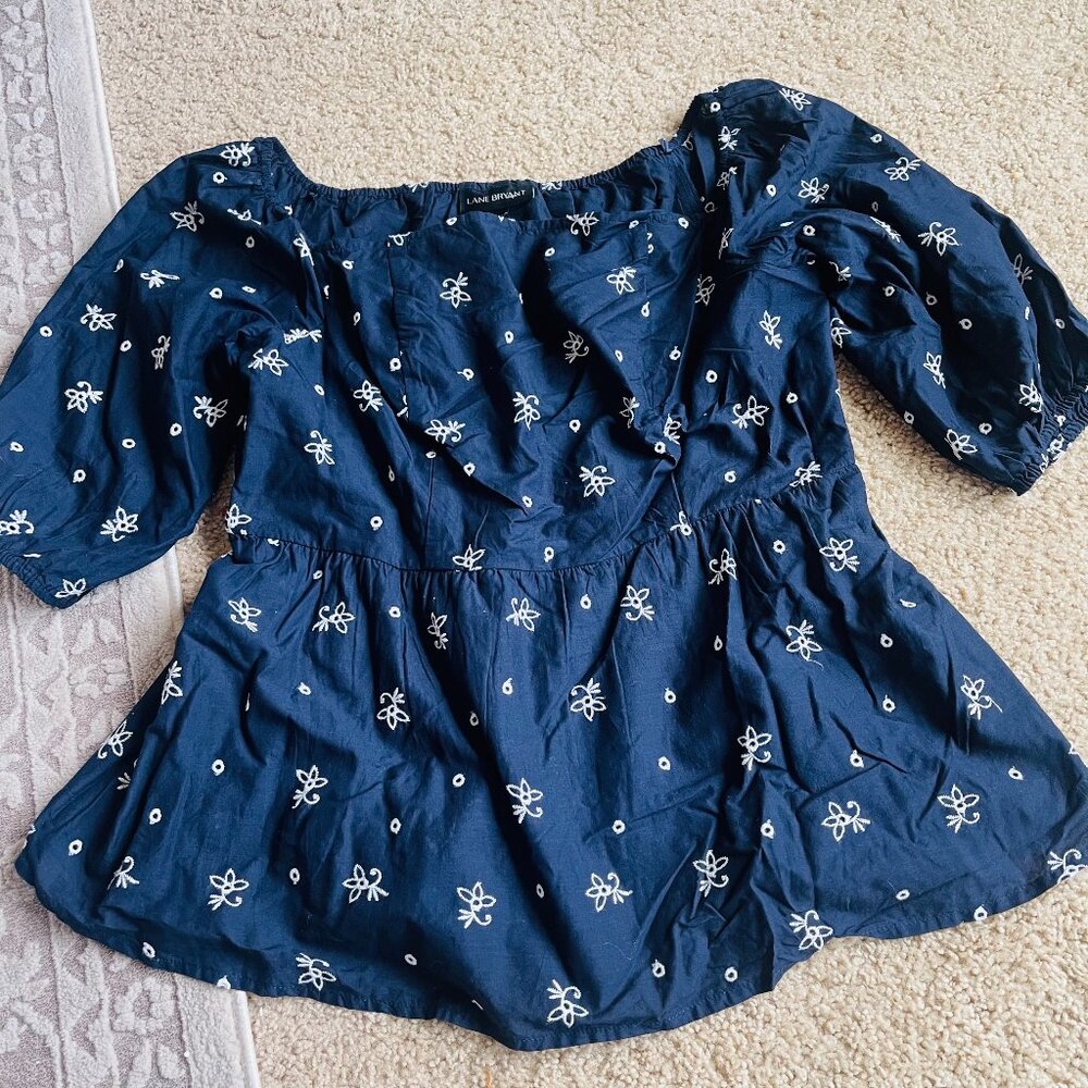LANE BRYANT Women's Plus SizeTop 14 blue cotton shirt short sleeve blouse